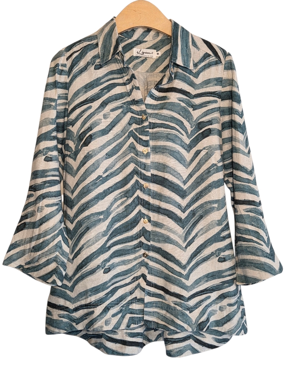 ILinen Teal Zebra Print Button Front Linen Top Work Office Career Sz M